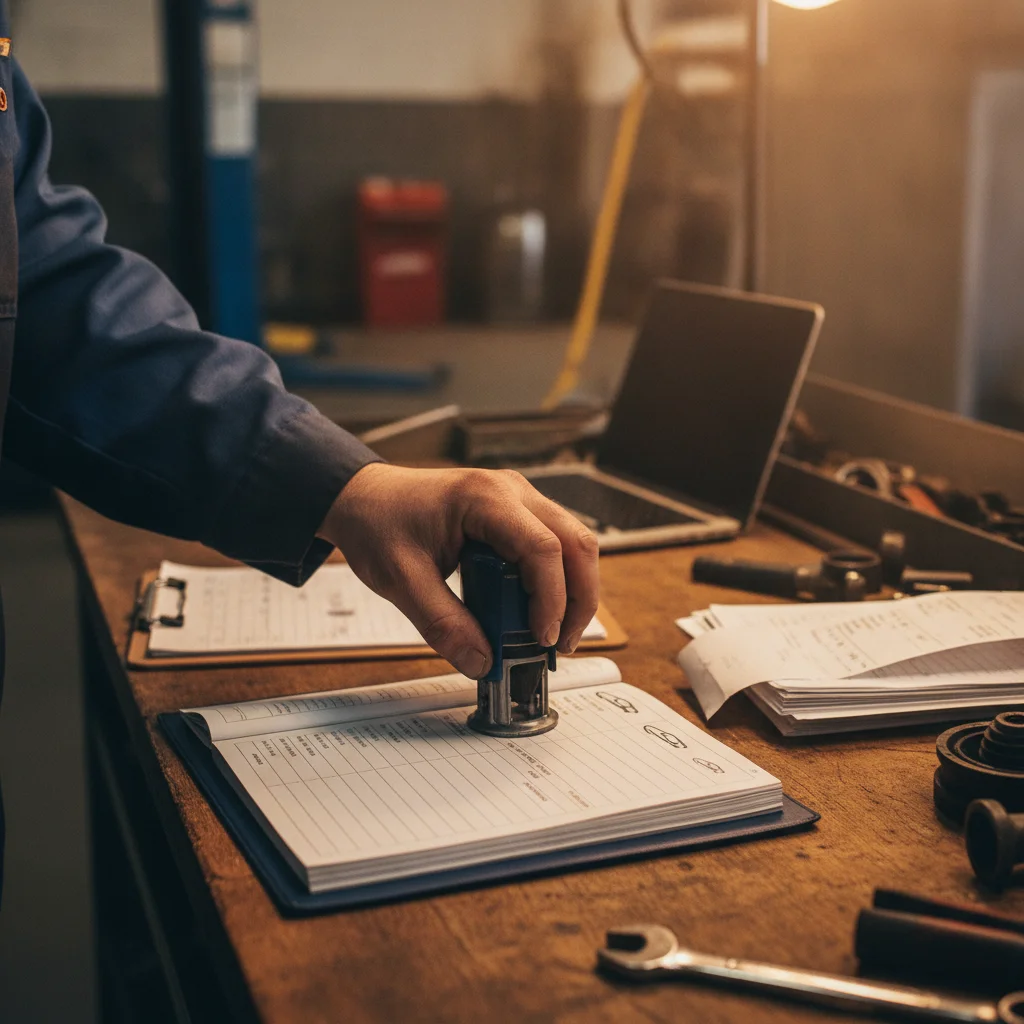 Mechanic stamping a vehicle service record book in a garage with maintenance receipts nearby