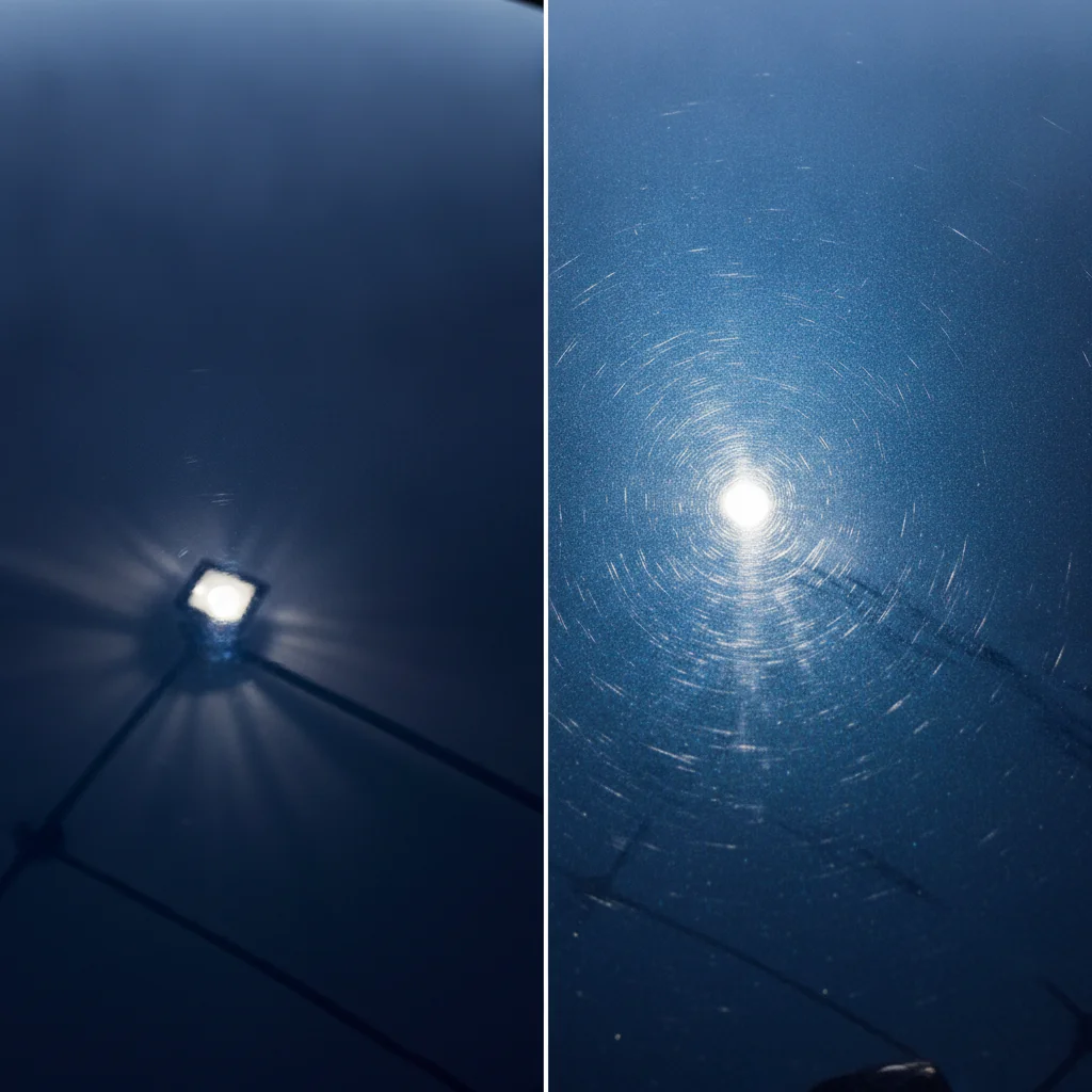 Two car hood panels showing gloss under studio light versus swirl marks revealed under direct sunlight