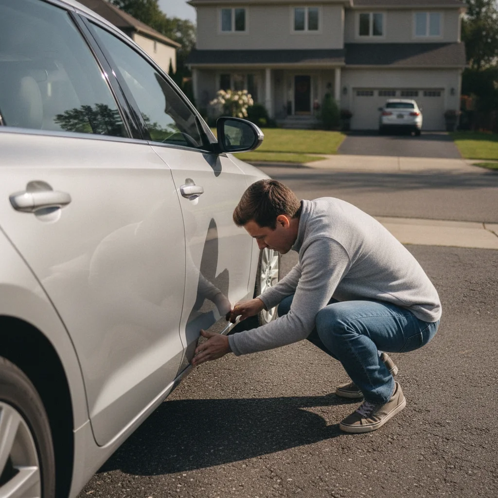 A car buyer crouching in a driveway closely inspecting a car's lower door panel in bright daylight