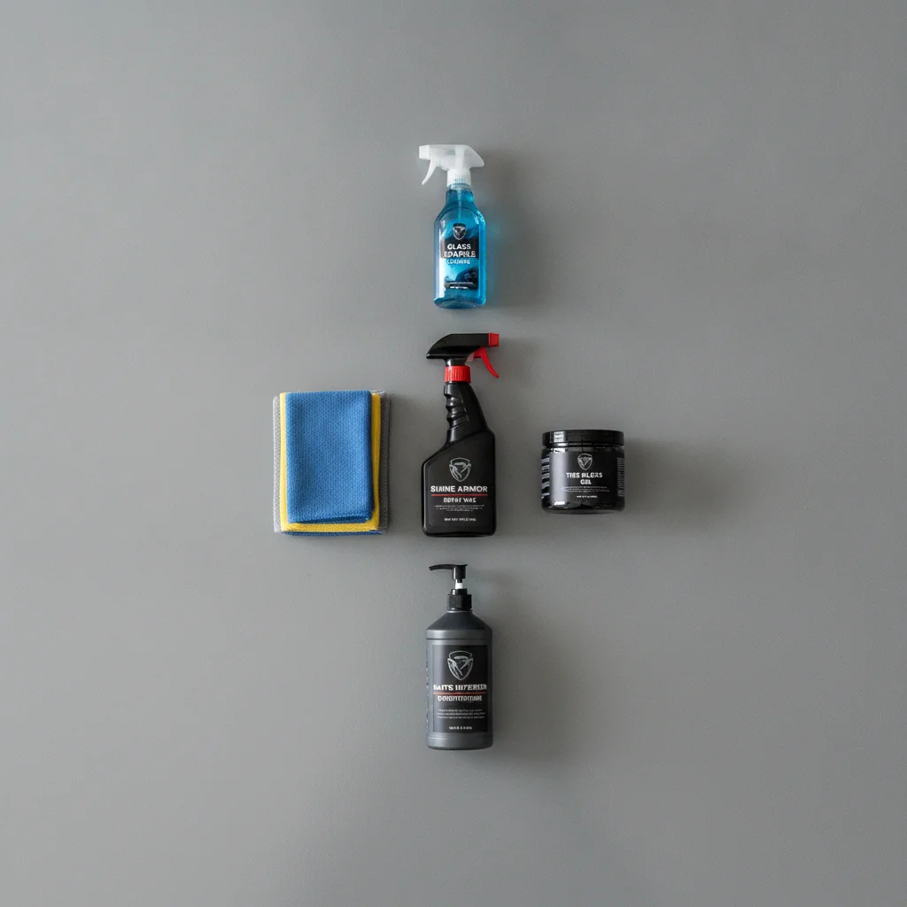 Car detailing products laid out on a garage floor including spray wax, tire dressing, and interior conditioner