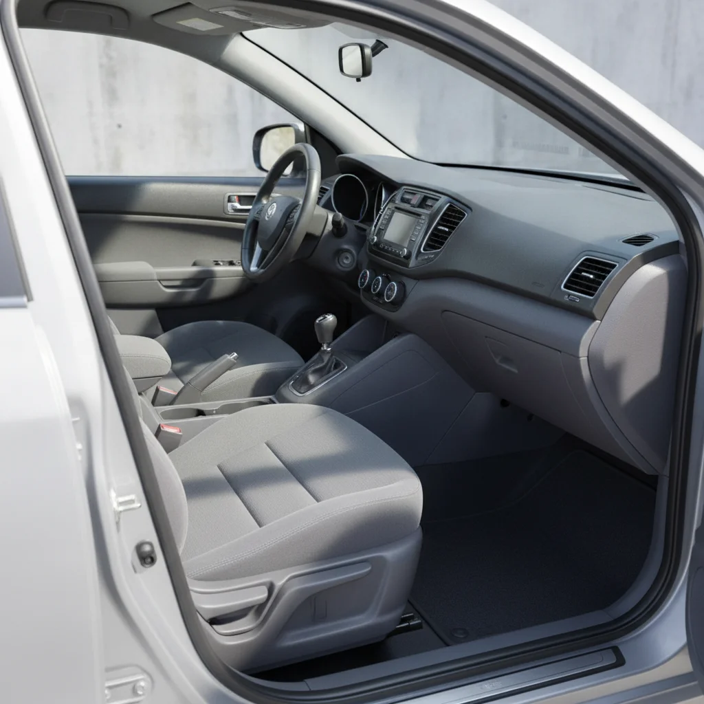 A clean and organized car interior viewed from the open driver's door with natural light