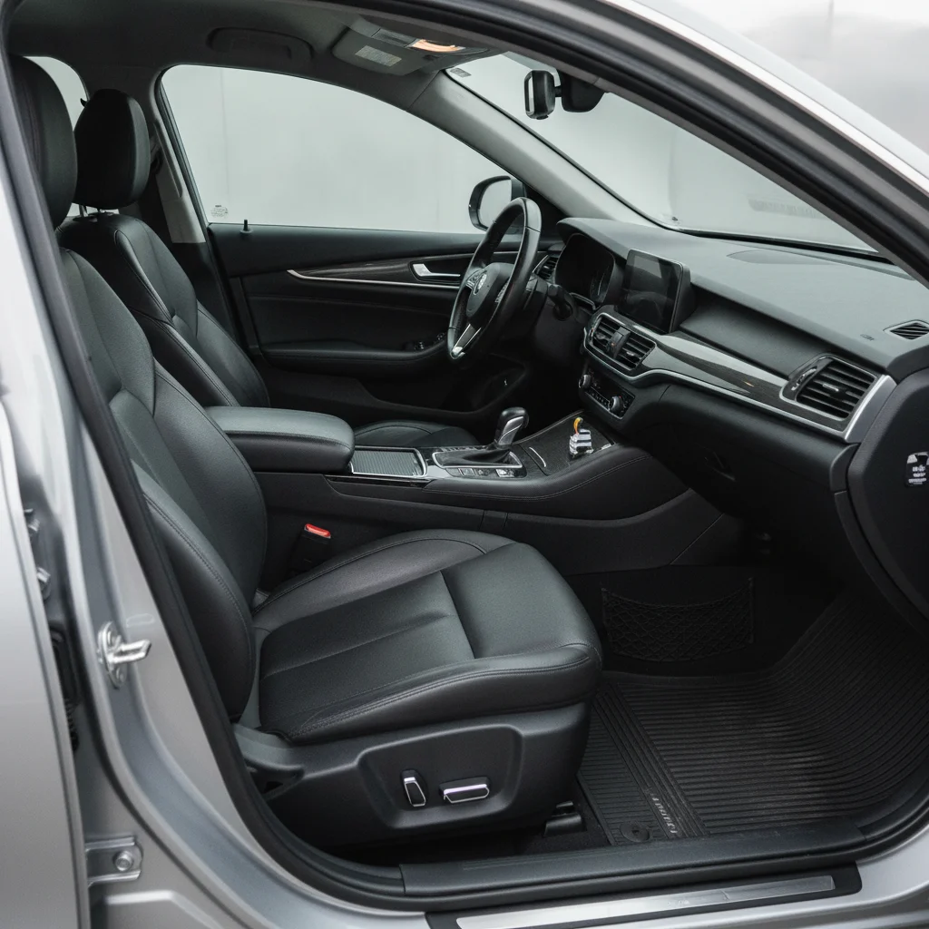 Spotless car interior with clean seats, vacuumed carpet, and a wiped dashboard in natural light