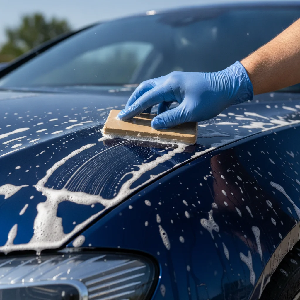 Hand applying a clay bar to lubricated dark blue car paint to remove embedded contaminants