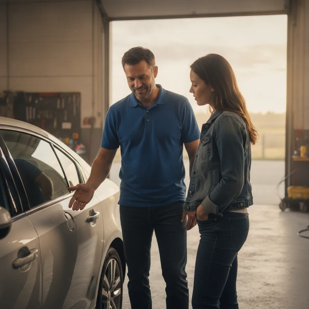 Seller pointing out a door ding to a buyer during a used car viewing in a garage