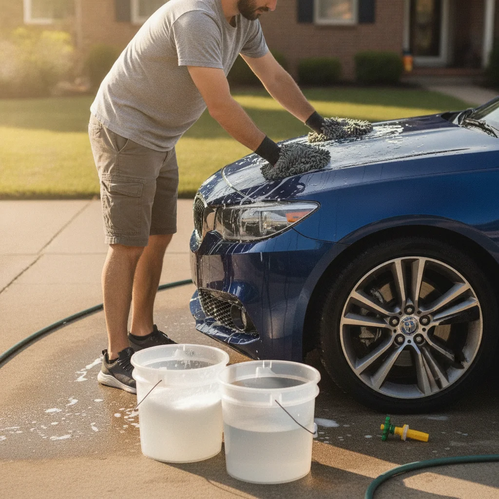 Car owner washing a dark sedan in a driveway using the two-bucket detailing method