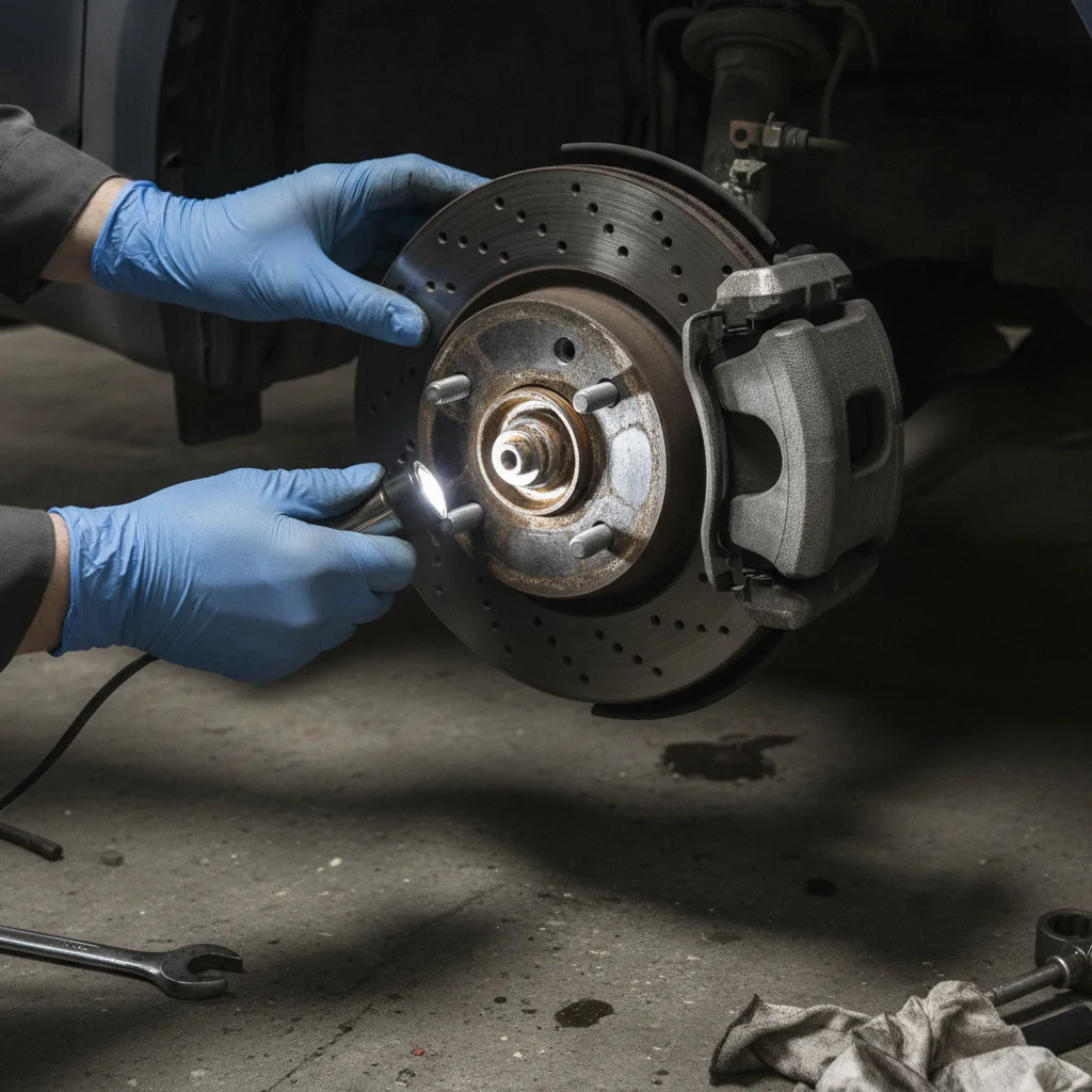 Hands in nitrile gloves inspecting a brake caliper and rotor in a home garage