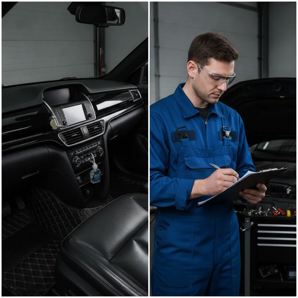 Side-by-side comparison of a detailed car interior and a mechanic reviewing a vehicle inspection sheet