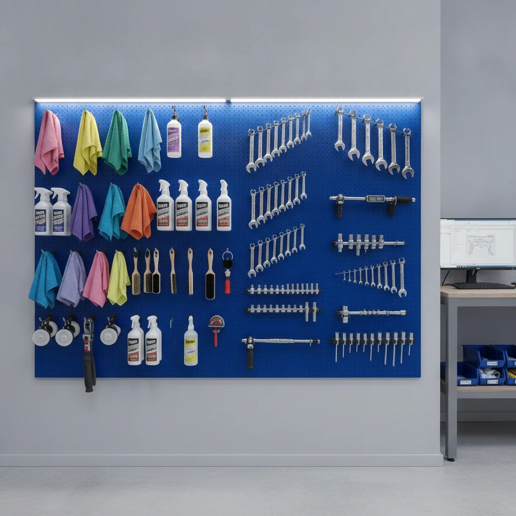 Organized garage pegboard with detailing supplies on one half and mechanical tools on the other