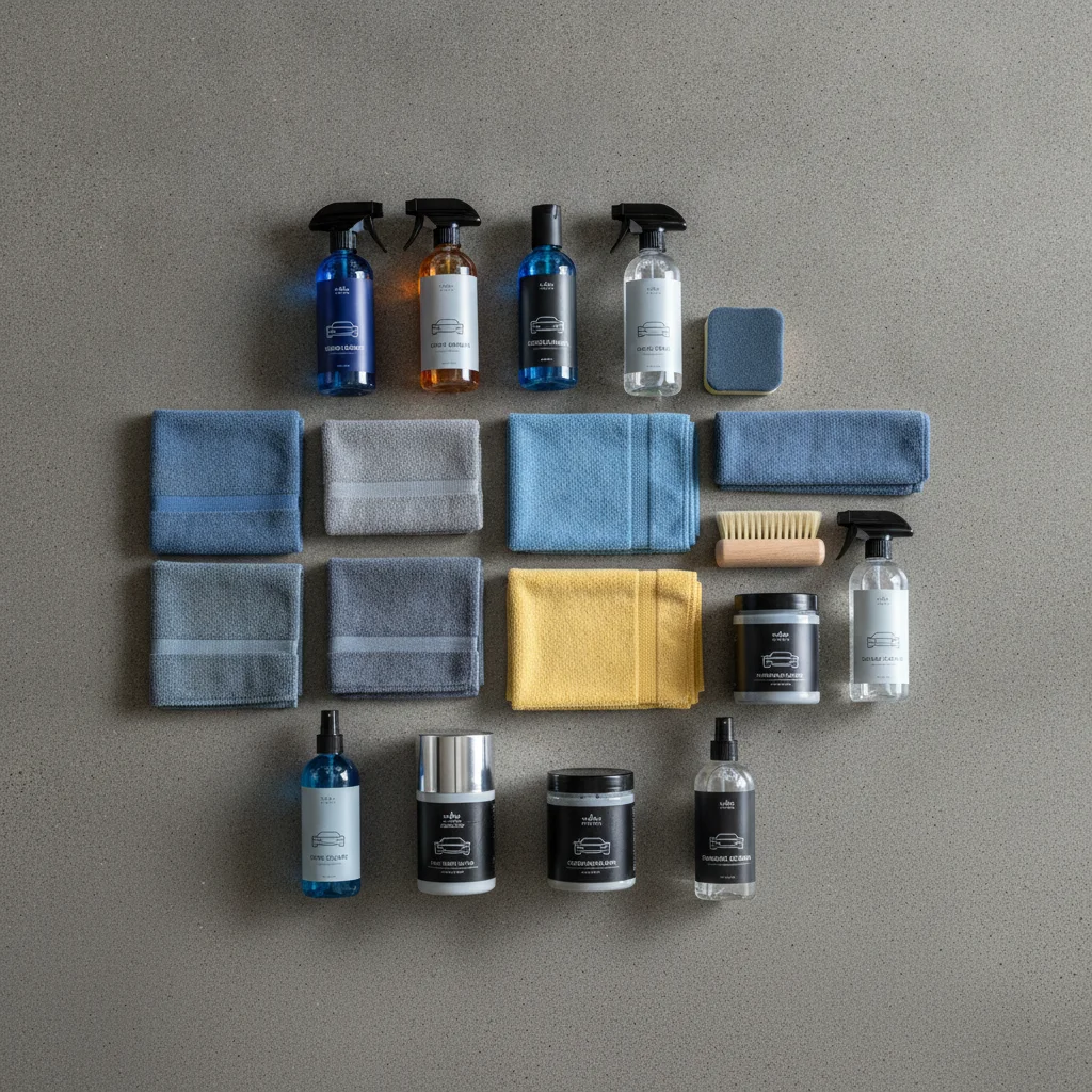 Detailing supplies including microfiber cloths, polishes, and spray bottles arranged on a garage floor