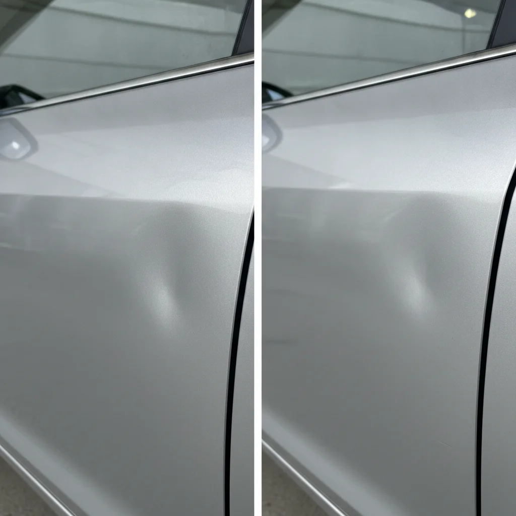 Before and after comparison of a small car door dent repaired using paintless dent repair technique