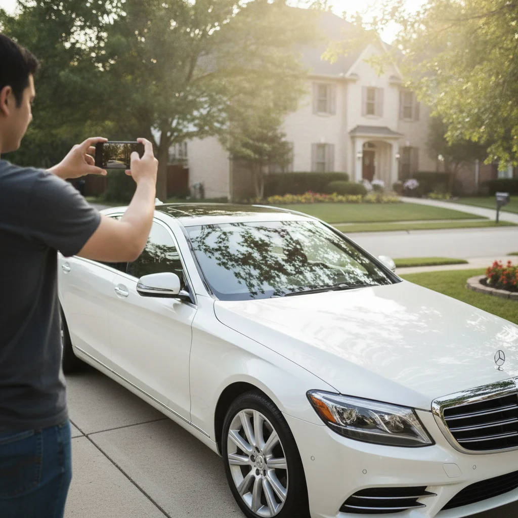 Person photographing a freshly detailed car in a driveway for an online private sale listing