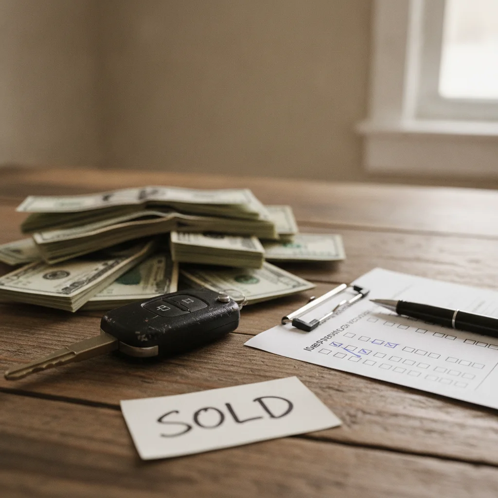 Cash, car keys, and a vehicle condition checklist on a table representing a private car sale transaction