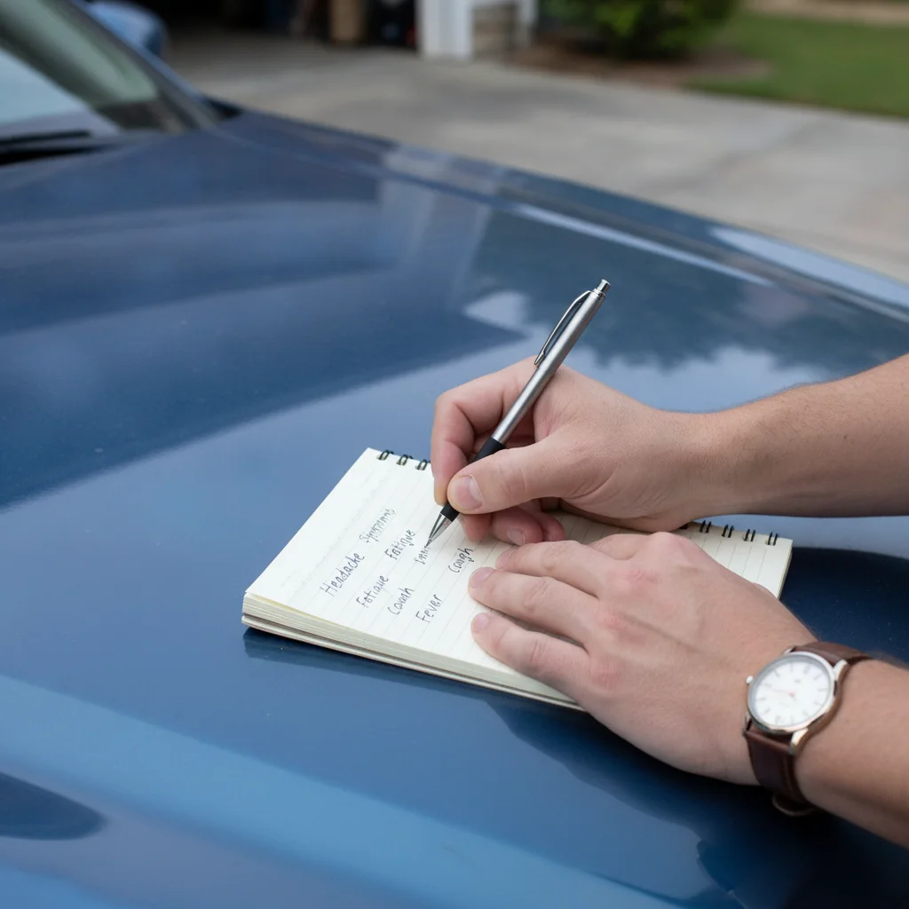 A person writing car symptom notes in a notebook resting on the vehicle hood.