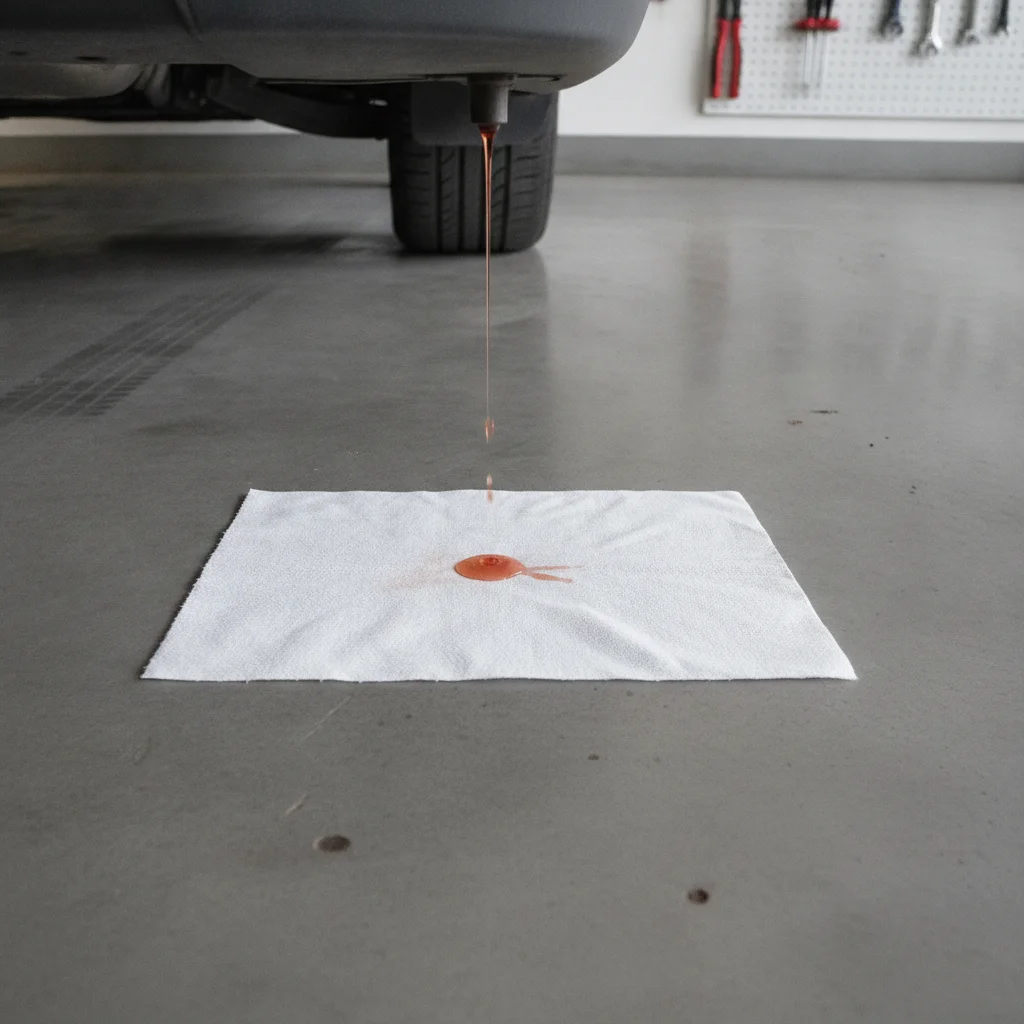 A white paper towel under a car showing a reddish fluid leak on a garage floor.