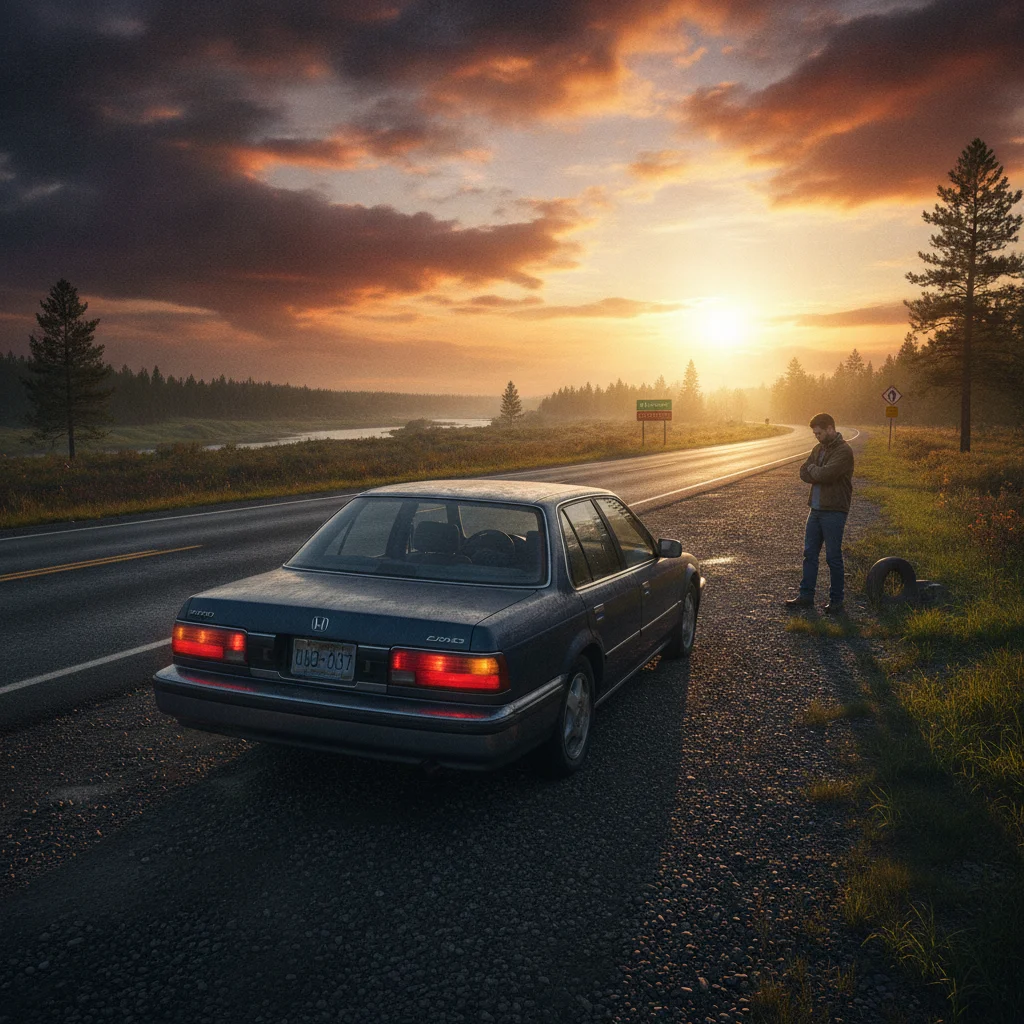 A car stopped safely on a road shoulder with hazard lights on and driver standing at a safe distance.