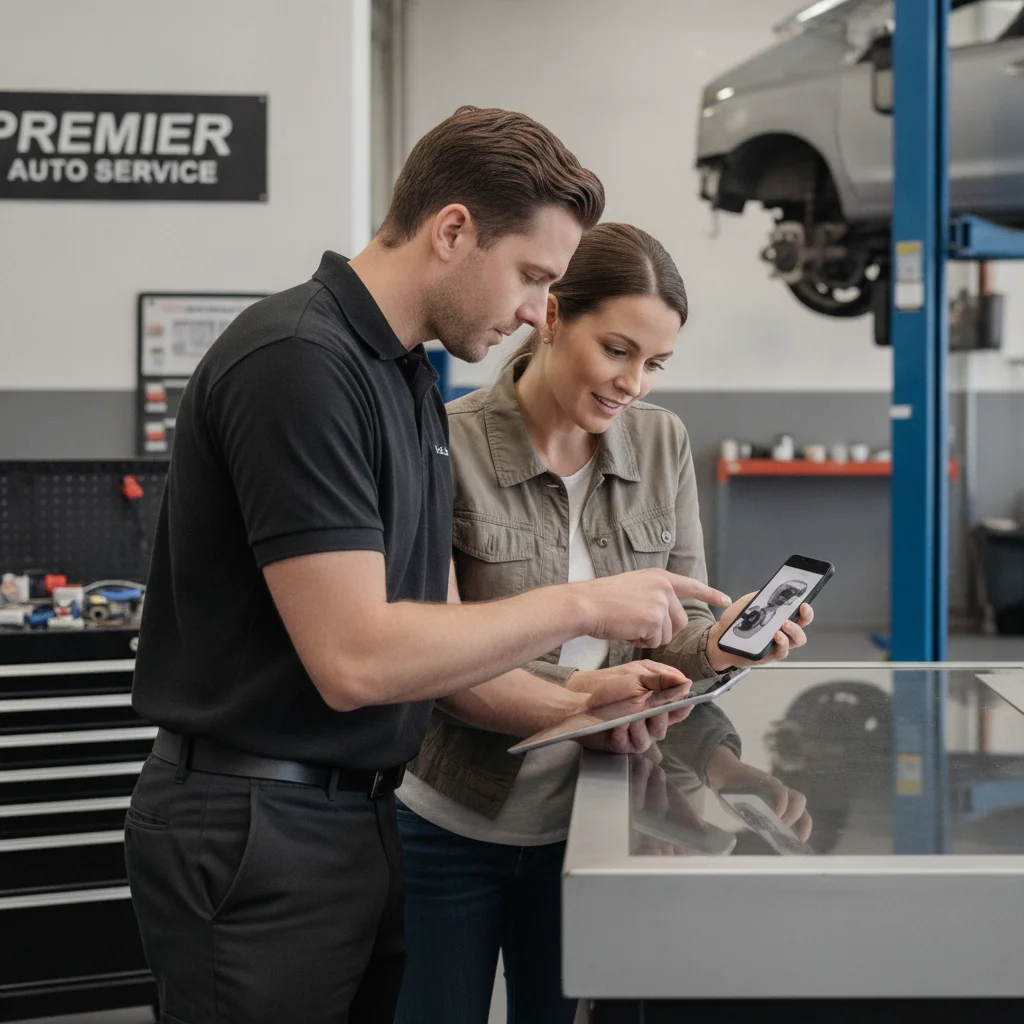 A service advisor and customer reviewing a symptom video on a smartphone at a repair shop counter.