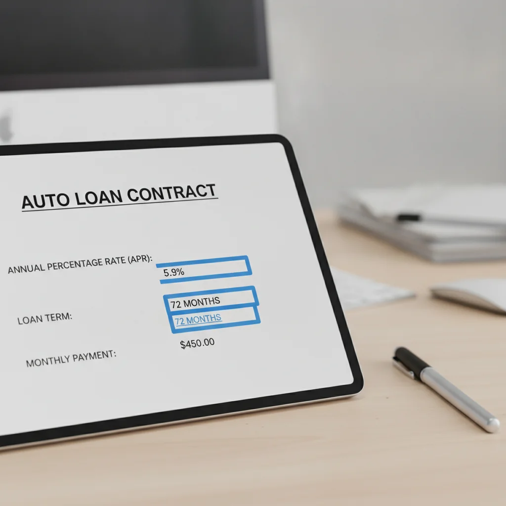 Digital tablet displaying a car financing contract with highlighted APR and payment fields