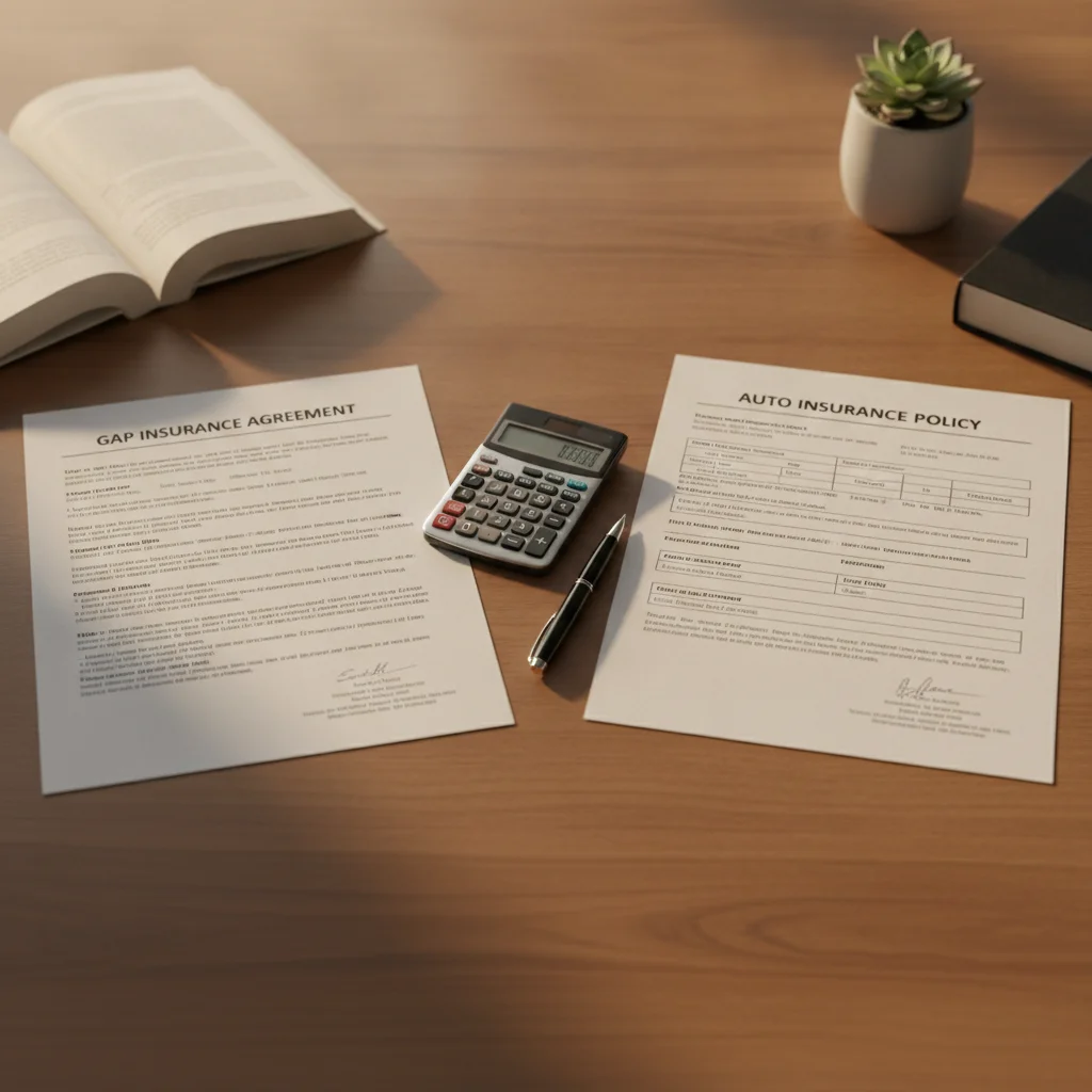 GAP insurance agreement from dealer beside an auto insurance policy document on a desk