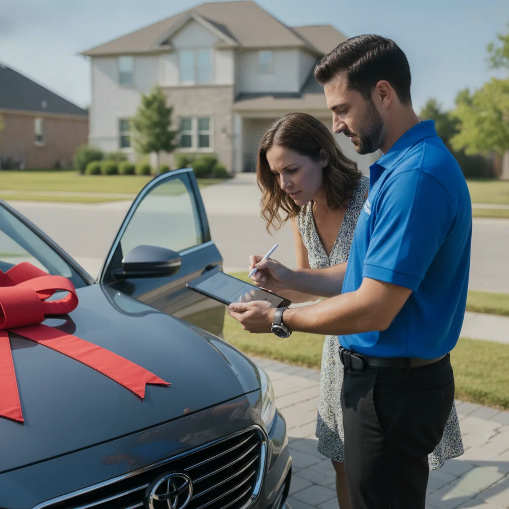 Car delivery driver presenting a digital tablet for signature to a buyer beside a delivered vehicle