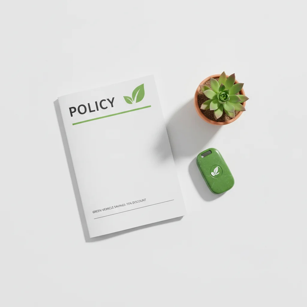 Car insurance policy document next to an EV key fob and a small green plant on white background