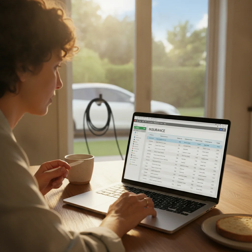 Person reviewing insurance comparison chart on laptop with EV charging cable visible in background