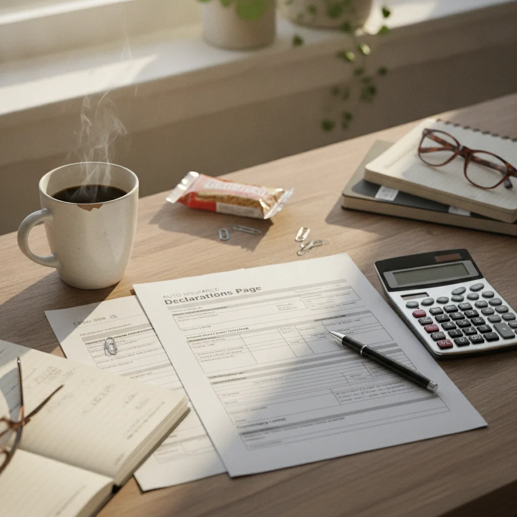 Auto insurance declarations page on a desk alongside a calculator and pen for reviewing discounts