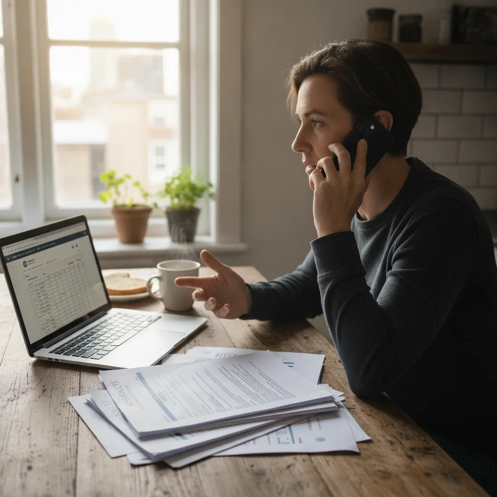 Person on phone reviewing auto insurance documents at kitchen table to inquire about available discounts