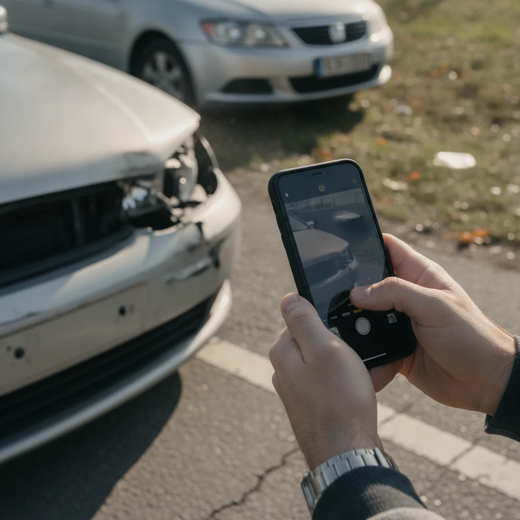 Driver photographing vehicle damage with a smartphone after a road collision in daylight