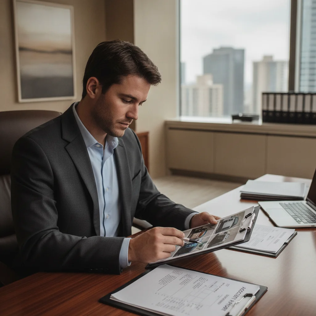 Insurance adjuster reviewing accident photos and a police report during a liability investigation