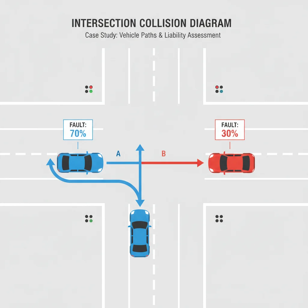 Diagram showing two vehicles at an intersection with fault percentage indicators for comparative negligence