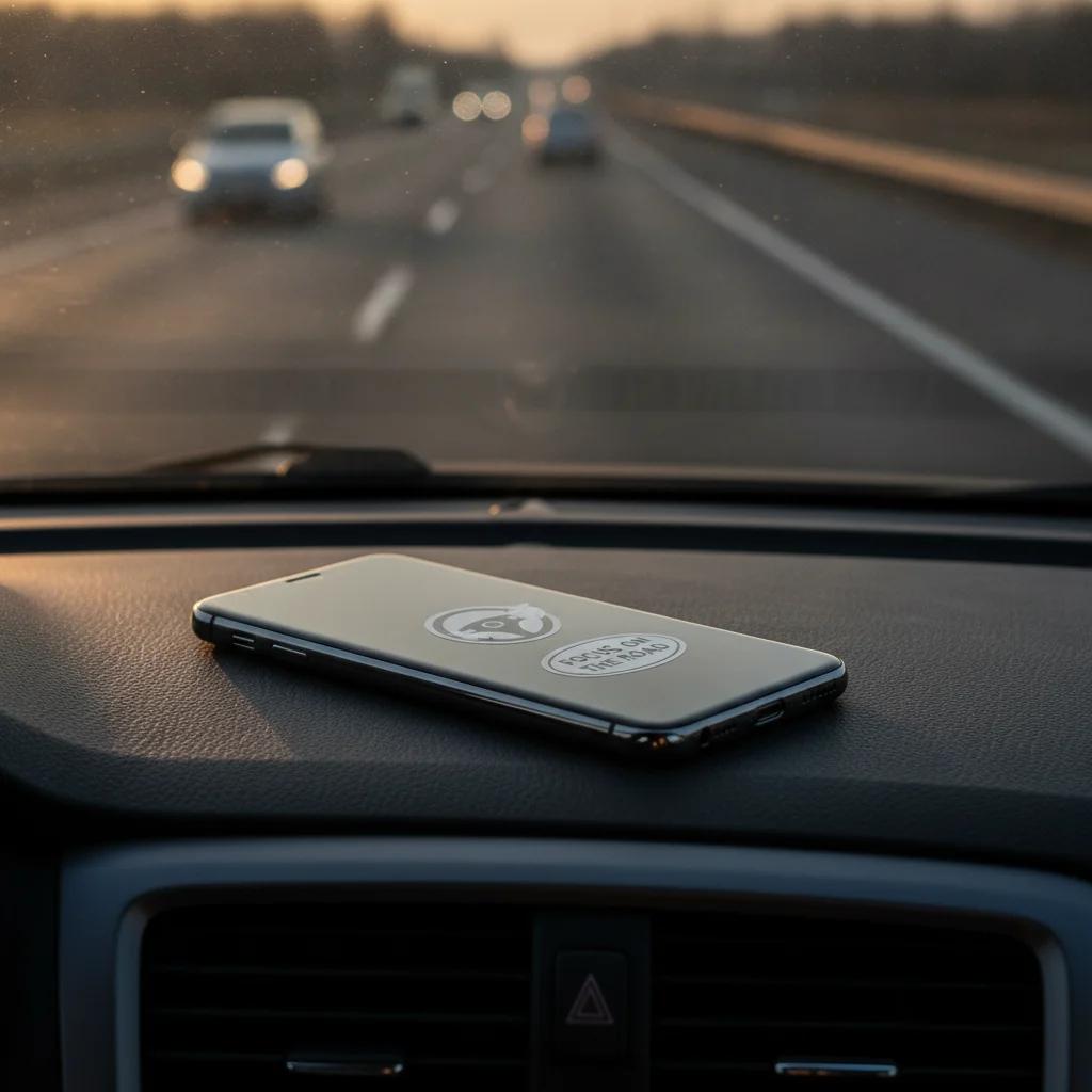 Smartphone placed face-down on a car dashboard while driving on a highway in afternoon light