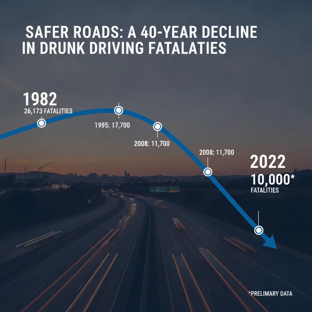 Visual timeline showing the dramatic decline in drunk driving fatalities in the United States since 1982
