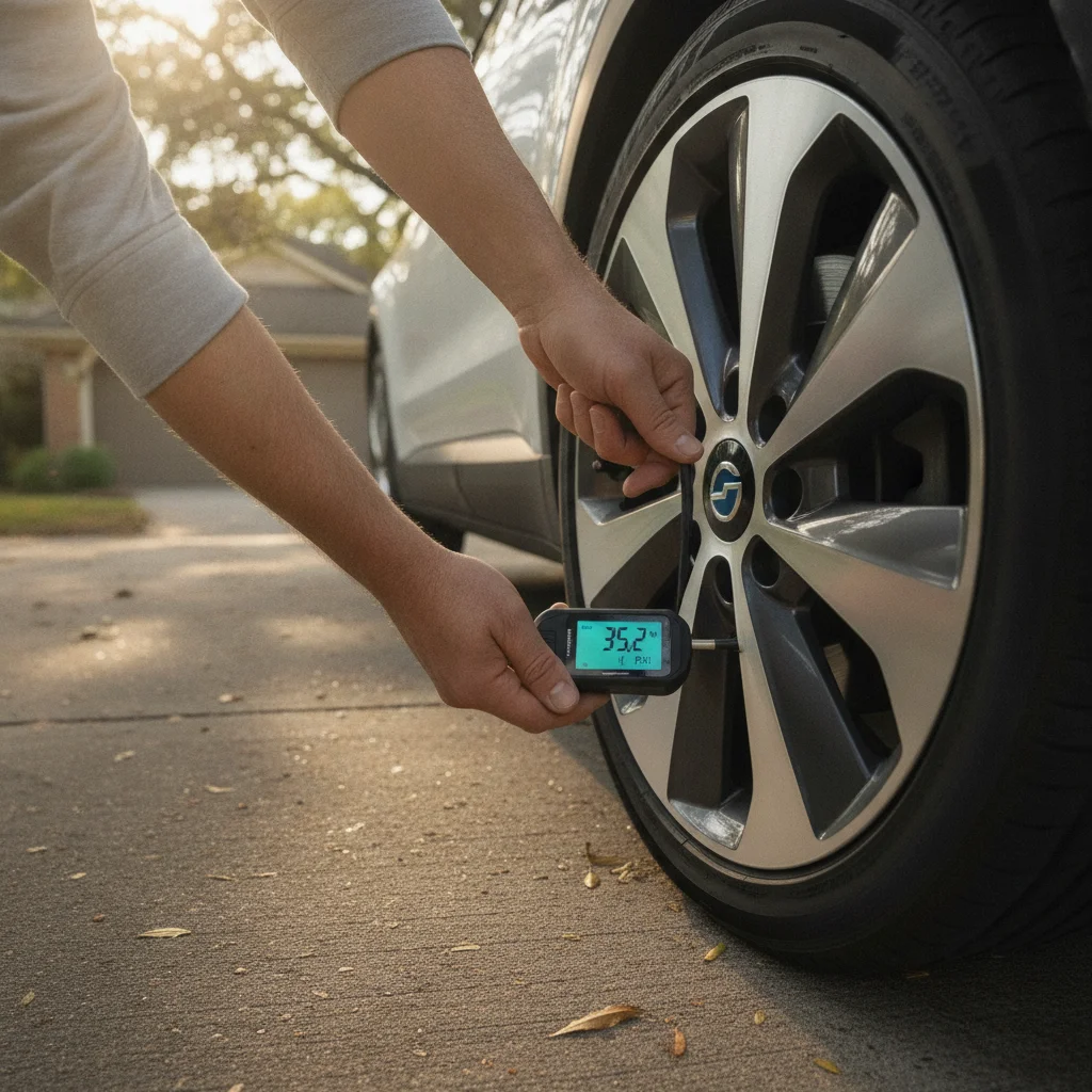 Person checking tire pressure on an electric vehicle wheel with a digital gauge