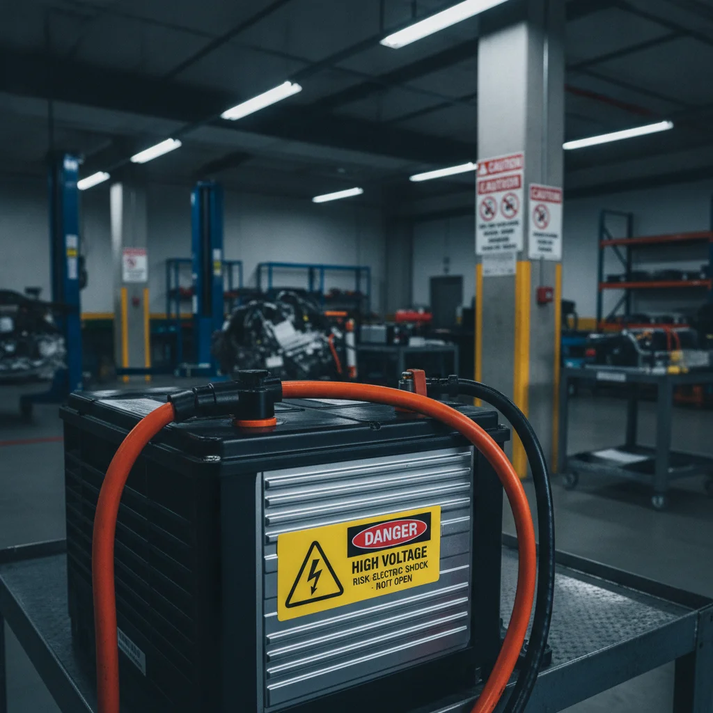 High-voltage warning label on an electric vehicle battery pack in a professional service workshop