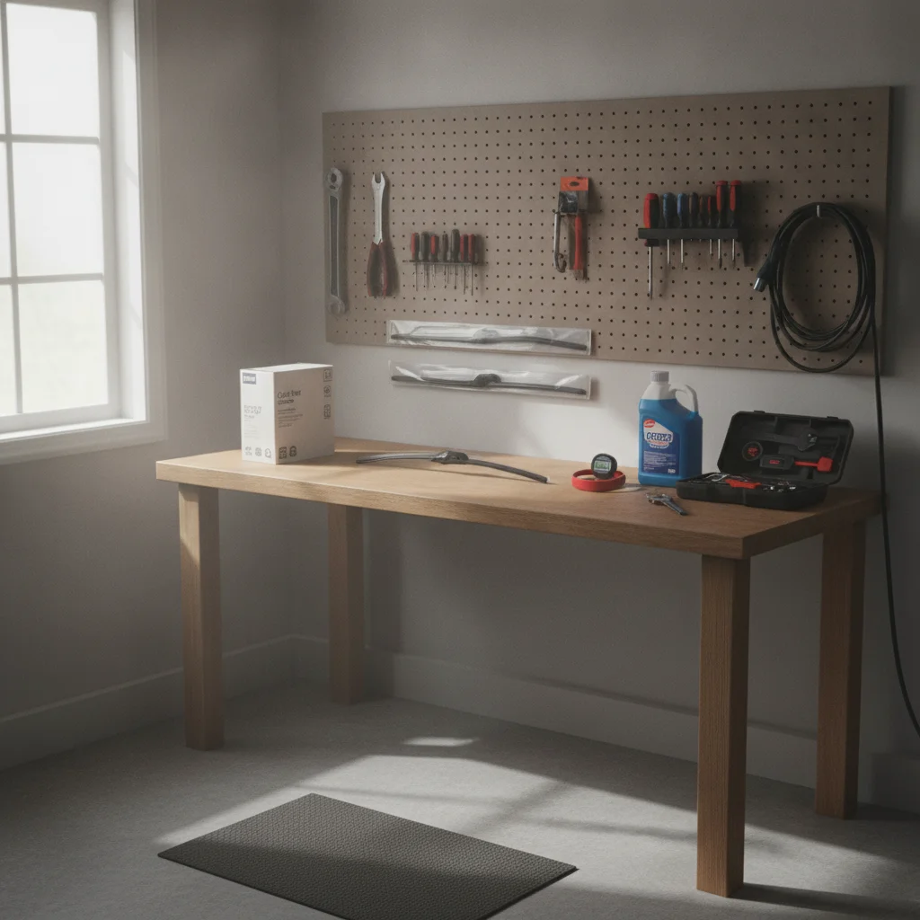 Home garage workbench with EV maintenance supplies including cabin filter, wiper blades, and tire gauge