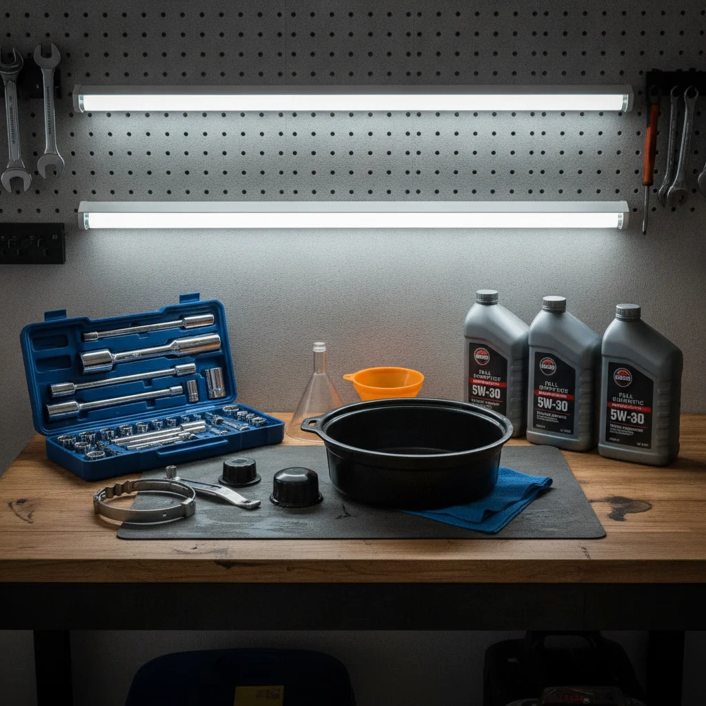 DIY oil change tools including drain pan, filter wrench, socket set, and motor oil bottles arranged on workbench