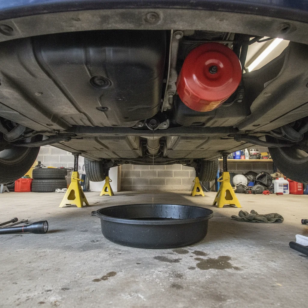 Vehicle safely raised on jack stands in home garage showing oil drain plug and filter from below