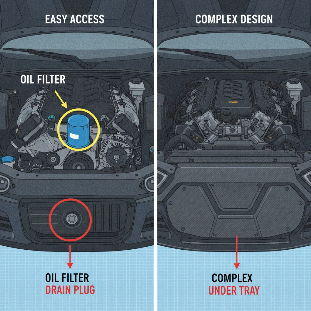 Comparison of engine bays showing easy versus difficult oil change access on different vehicle models