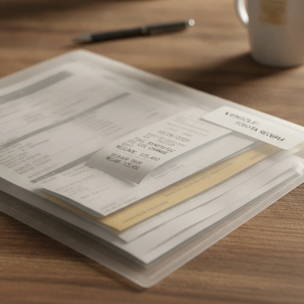 Organized vehicle service records and oil change receipts in a clear folder ready for a trade-in appointment