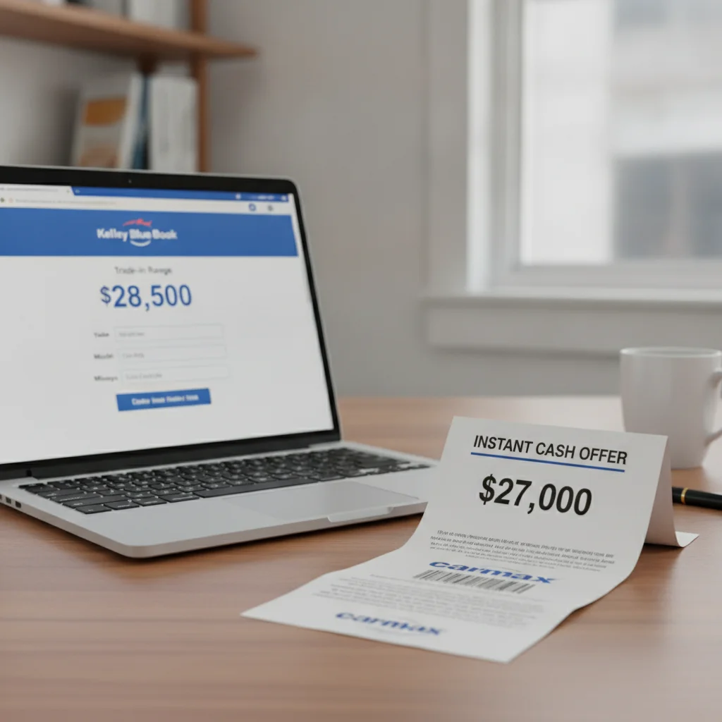 Laptop showing KBB trade-in valuation beside a printed competing cash offer from CarMax