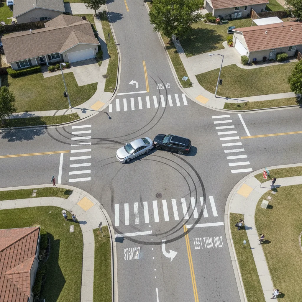 Overhead view of two cars after a collision at a suburban intersection showing lane positions and skid marks