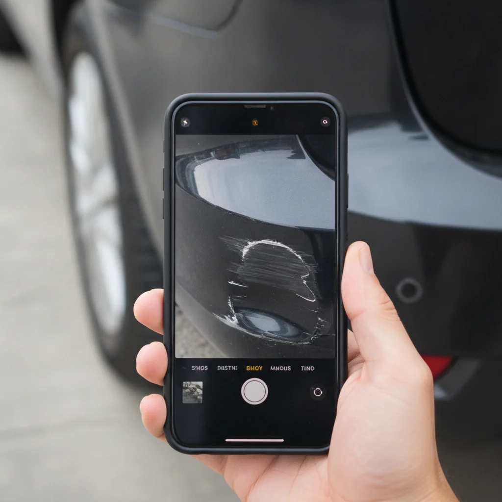 Smartphone camera screen showing close-up photo of car bumper damage being documented after an accident
