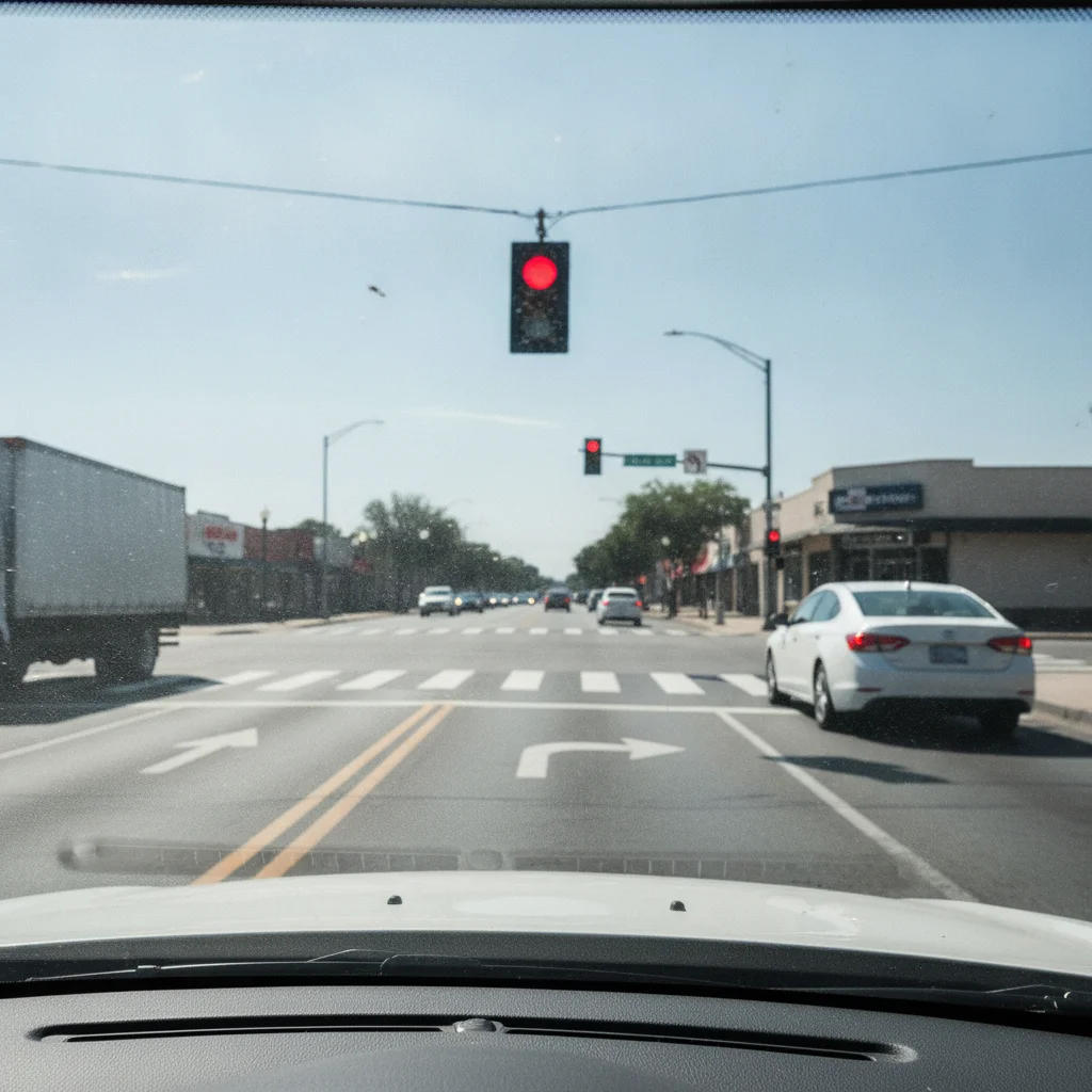 Driver's perspective approaching an intersection showing traffic light, road markings, and sightlines