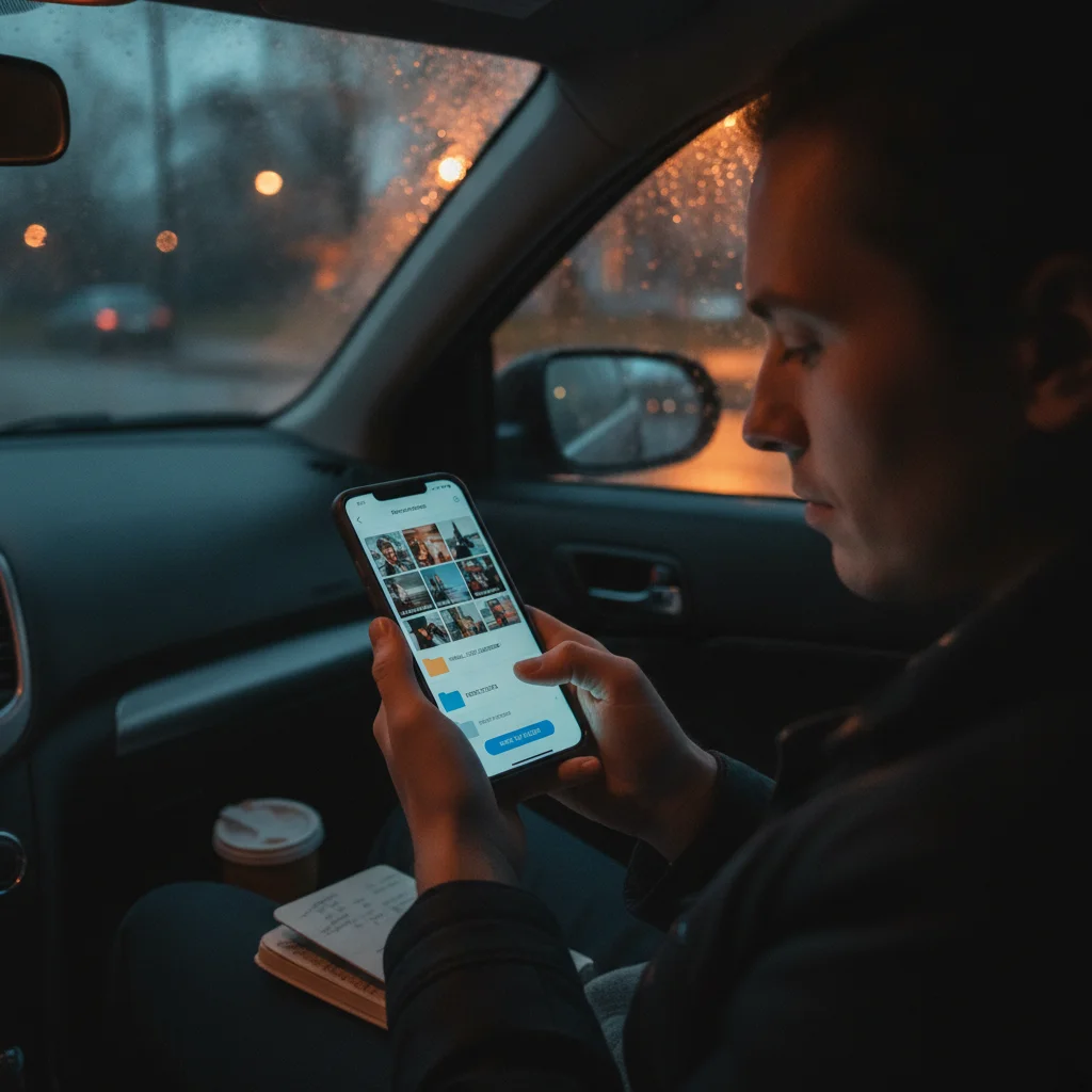 Person organizing accident scene photos into a folder on their smartphone while sitting in a parked car