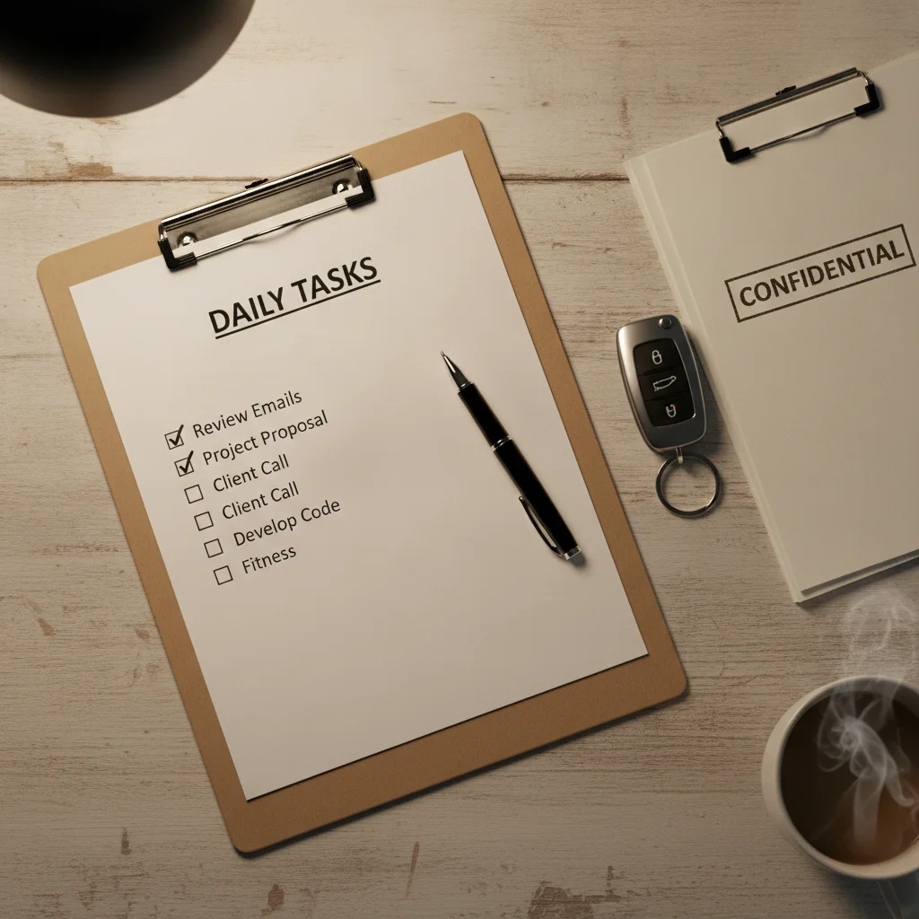 Checklist on clipboard with pen, car key, and stacked documents on a desk