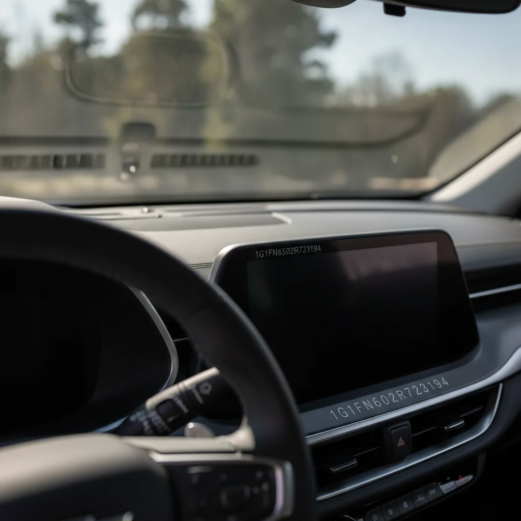Close-up of a vehicle dashboard VIN plate visible through the windshield in natural light