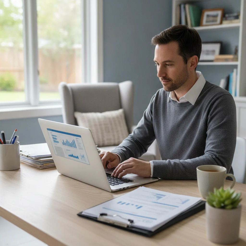 Person reviewing refinancing documents on a laptop in a bright home office with organized papers