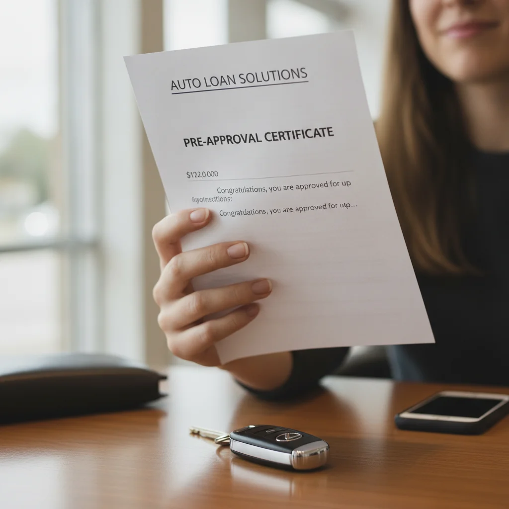 Hand holding an auto loan preapproval letter next to car keys on a dealership desk