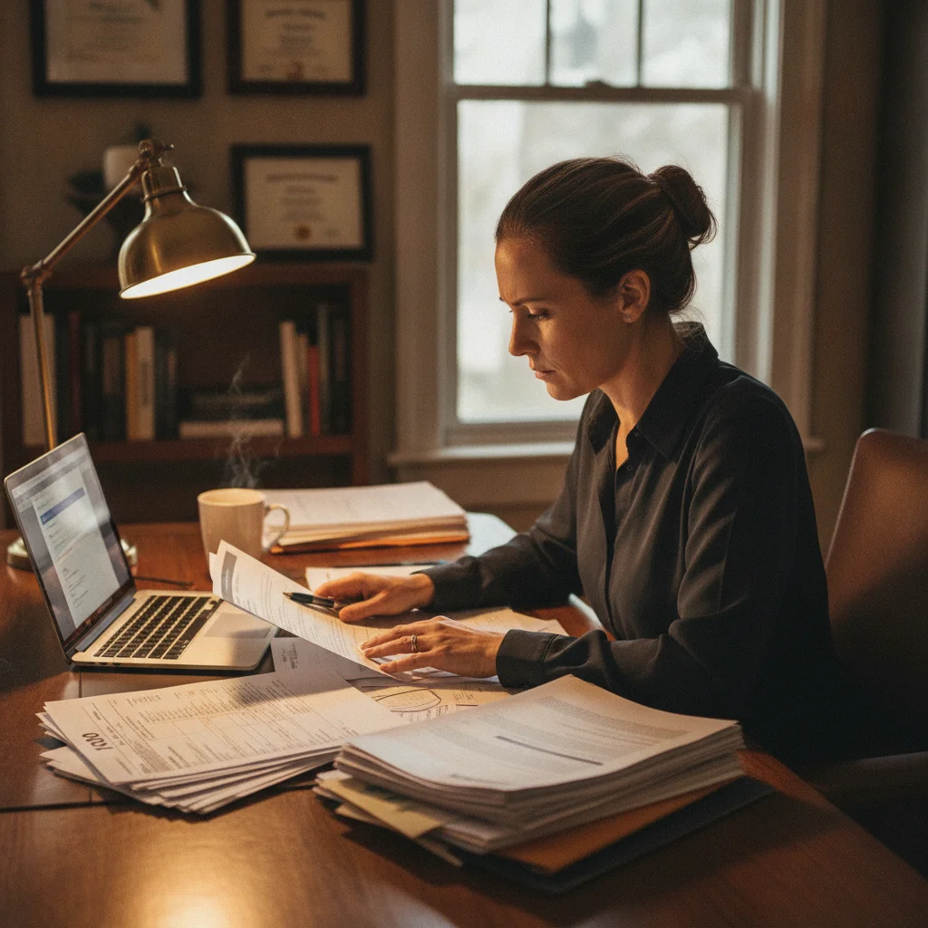 Self-employed person reviewing tax returns and bank statements for an auto loan application at a home desk