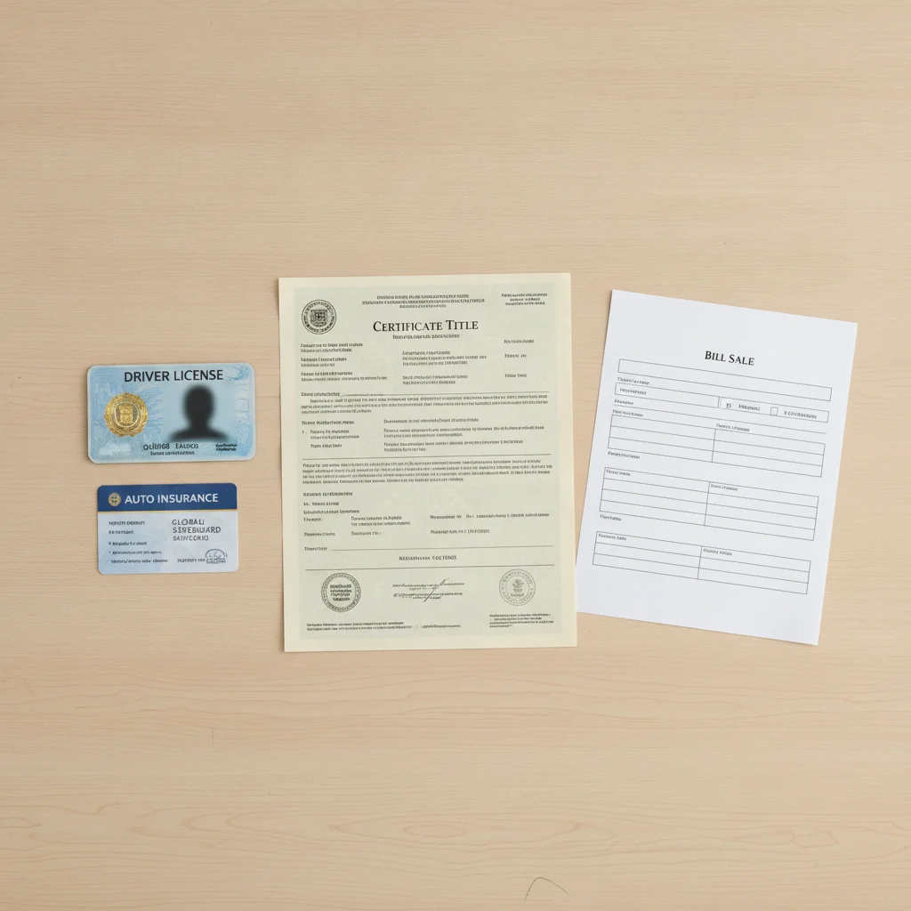 Flat lay of vehicle registration documents including title, license, insurance card, and bill of sale on a wooden desk